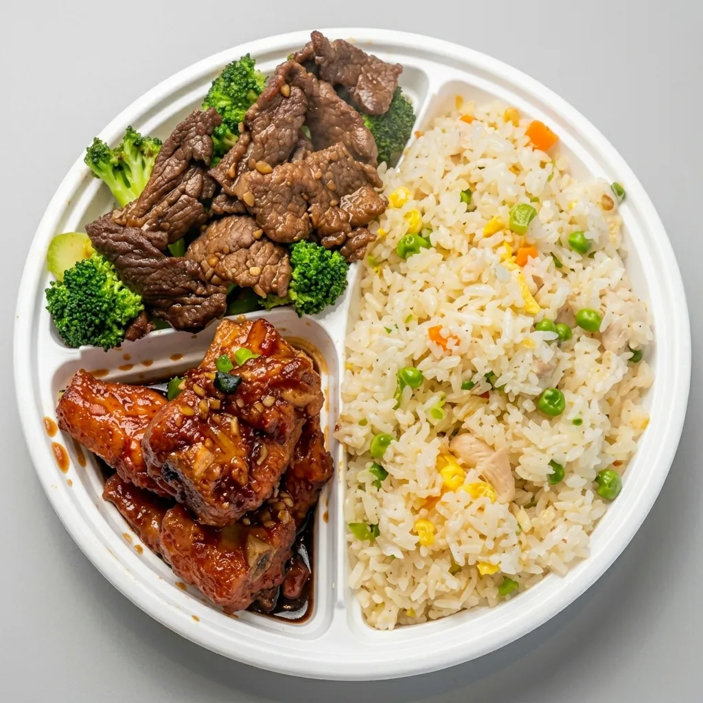 Combo E Chinese combo meal with spring rolls, honey garlic pork ribs, broccoli beef and chicken fried rice at Lucky Cat in London, Ontario